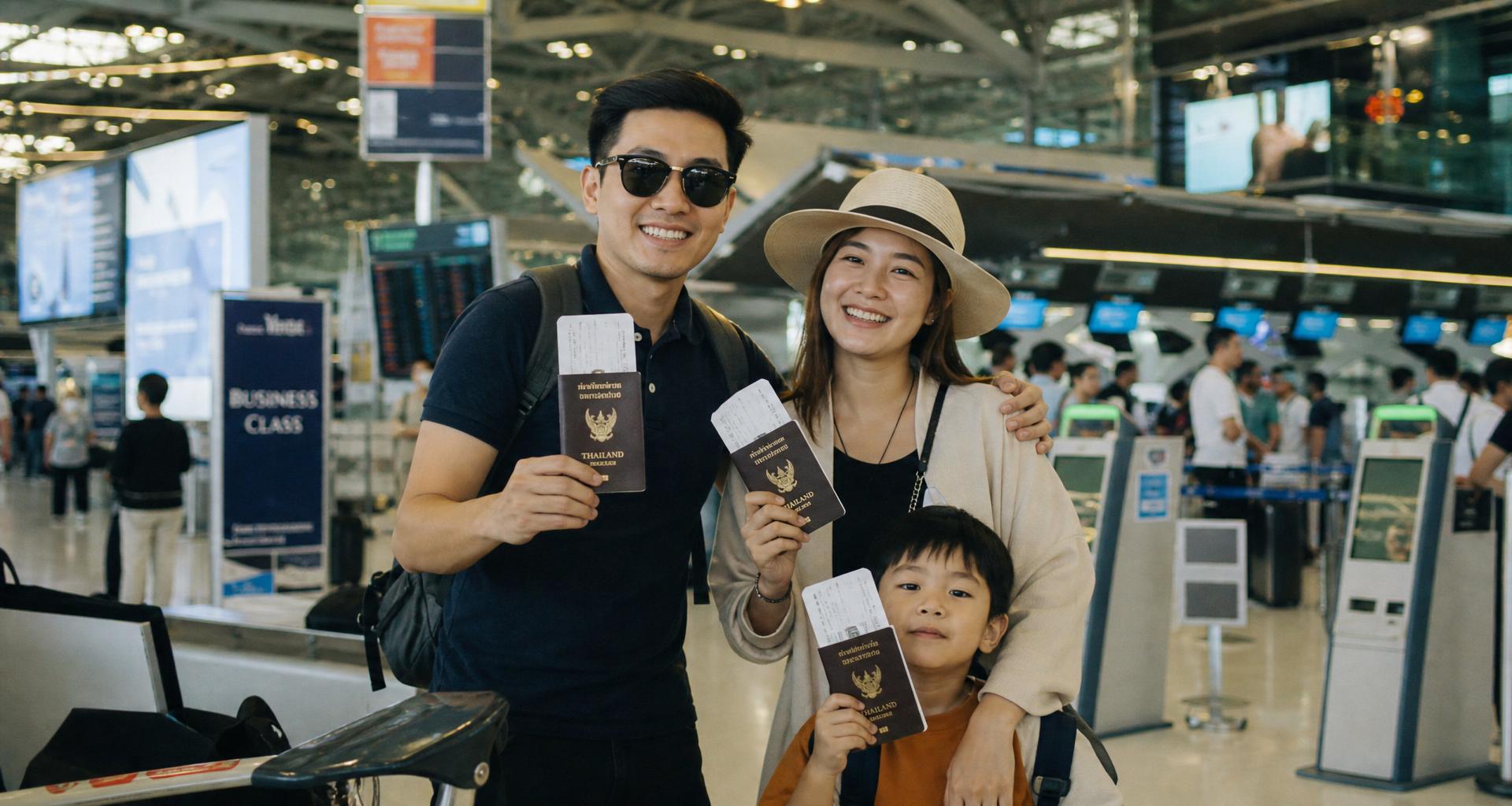 ครอบครัวไทยที่สนามบินสุวรรณภูมิ พร้อมหนังสือเดินทางและ boarding pass ไปยุโรป
