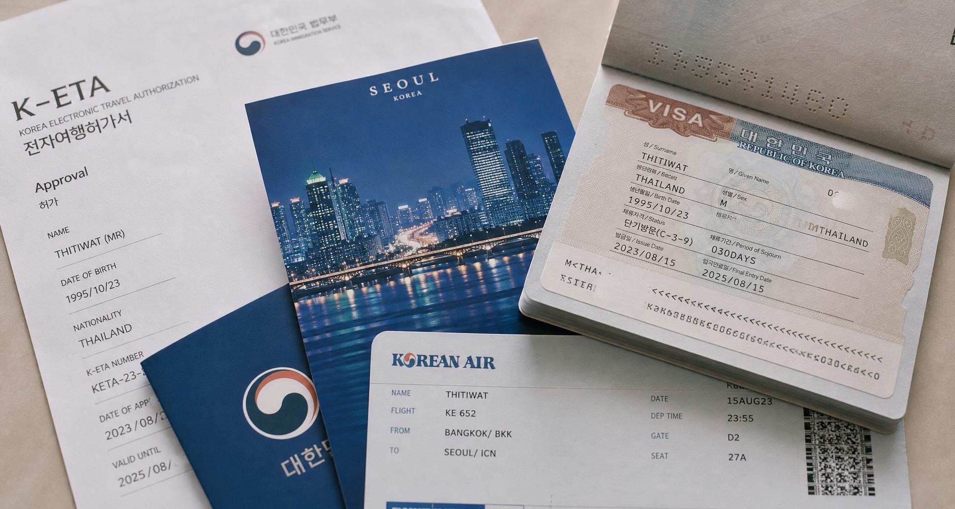 K-ETA และวีซ่าเกาหลีใต้ในหนังสือเดินทางไทย พร้อม boarding pass Korean Air และวิวโซล