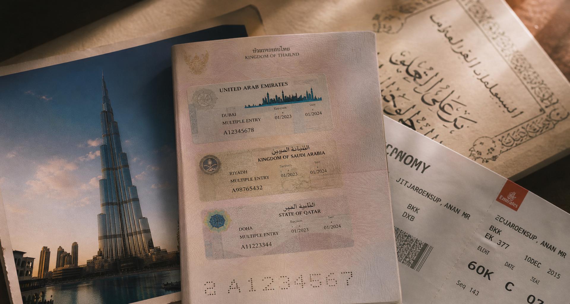 วีซ่า UAE / Saudi / Qatar ในหนังสือเดินทางไทย พร้อมวิว Burj Khalifa และ boarding pass Emirates