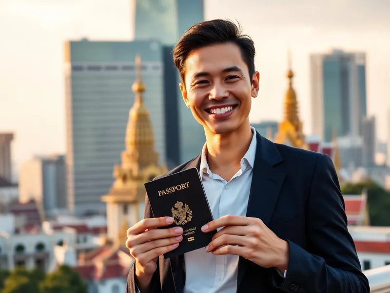 ชาวต่างชาติถือหนังสือเดินทางพร้อมวีซ่าพำนักระยะยาวในประเทศไทย ฉากหลังเป็นเมืองกรุงเทพและหลังคาวัดไทย