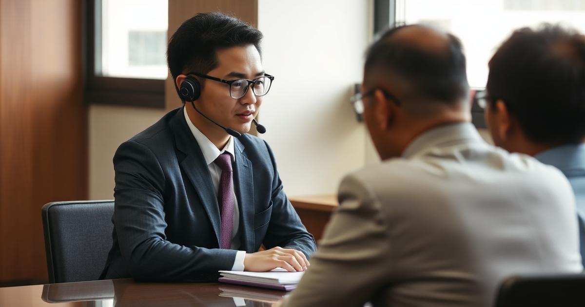 ล่ามมืออาชีพนั่งข้างลูกค้าชาวต่างชาติในการประชุมที่หน่วยงานราชการ
