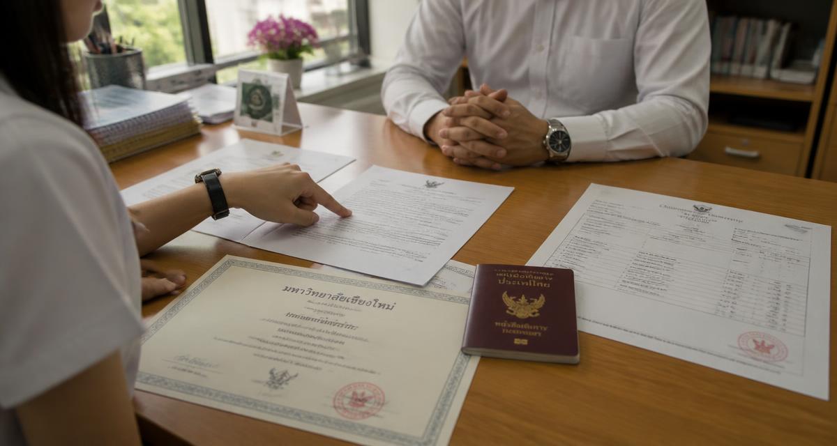 นักศึกษาและที่ปรึกษาตรวจ transcript ใบรับรองการศึกษา และพาสปอร์ตในห้องให้คำปรึกษา